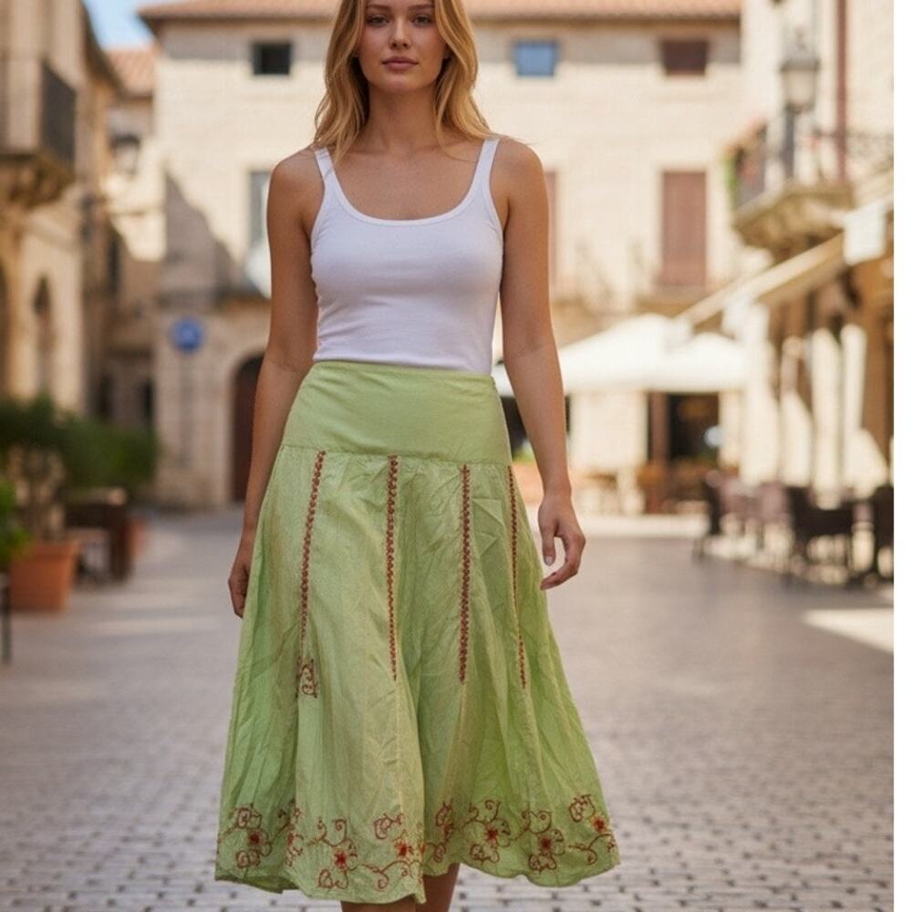Hale Bob Green Embroidered Boho Bubble Midi Skirt
